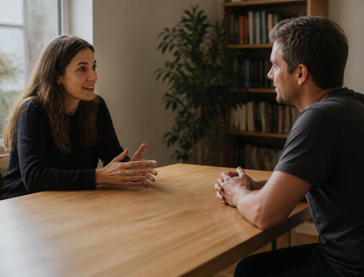 A woman and a man in an honest conversation across a wooden table