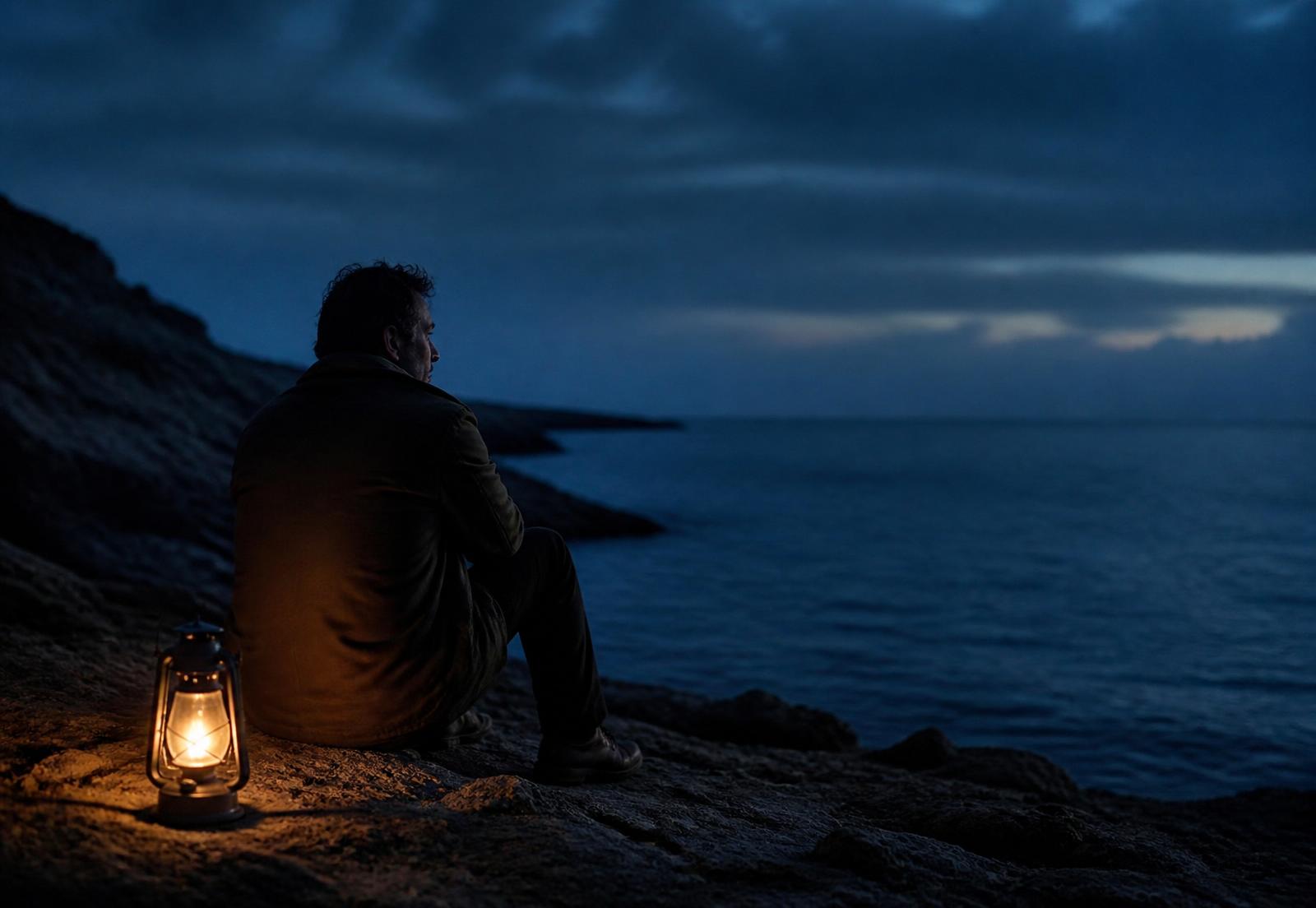A man sitting alone by the sea at dusk beside a lit lantern